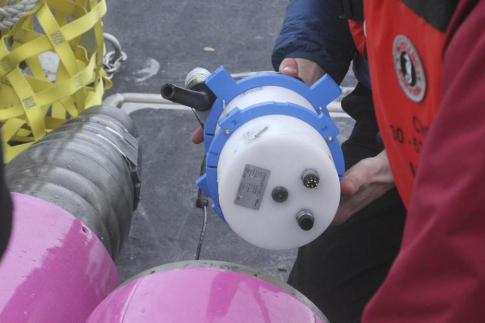 This May 4, 2022, photo shows a sensor after it was removed from an underwater glider on the University of Alaska Fairbanks research vessel Nanuq in the Gulf of Alaska. The glider was fitted with special sensors to study ocean acidification. Oceanographers from the University of Alaska Fairbanks tests have been conducting tests this spring with a drone that goes underwater, configured with a sensor specifically designed to measure carbon dioxide levels. (AP Photo/Mark Thiessen)