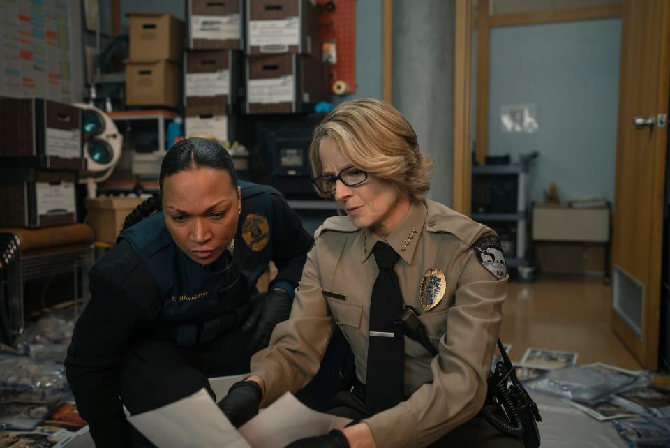 Kali Reis as Detective Evangeline Navarro and Jodie Foster as Chief of Police Liz Danvers in "True Detective: Night Country."