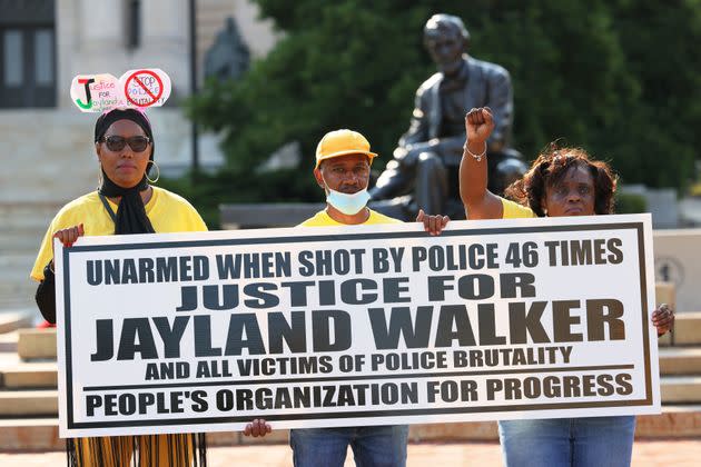 People gather for a rally on July 15, 2022, demanding justice for Jayland Walker at a courthouse in Newark, New Jersey. The People’s Organization for Progress organized the rally after police killed Walker in Akron, Ohio, on June 27, 2022. According to a medical examiner, Walker was shot 46 times.