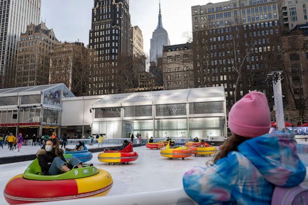 PHOTO: People ride ice-bumper cars at the ice rink in Bryant Park on Jan. 14, 2022, in New York City. (Alexi Rosenfeld/Getty Images, FILE)