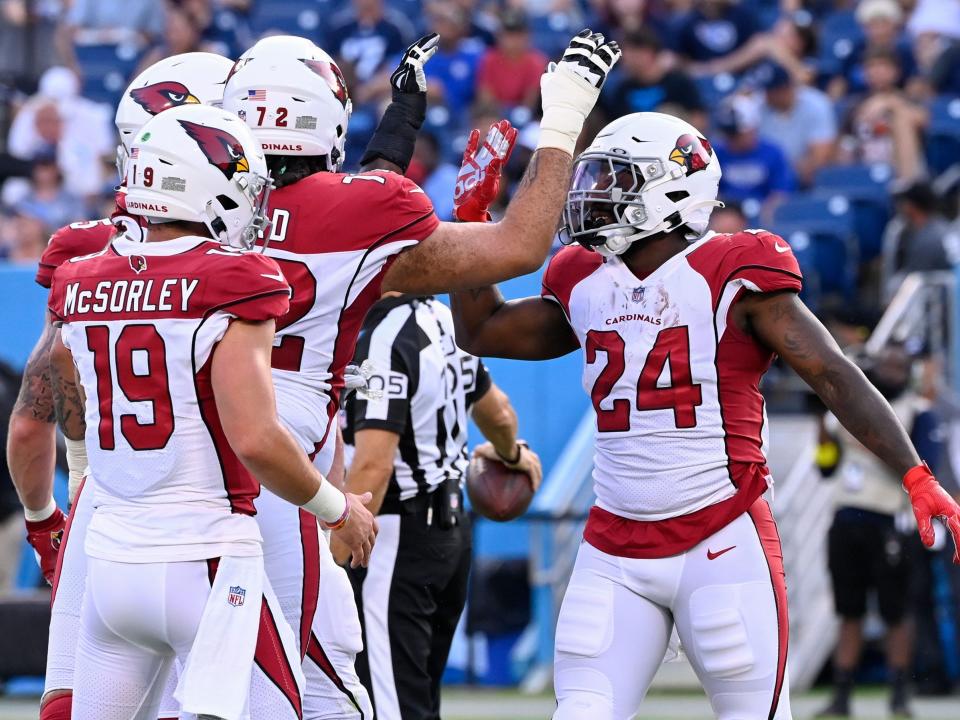 Darrel Williams celebrates a touchdown against the Las Vegas Raiders.