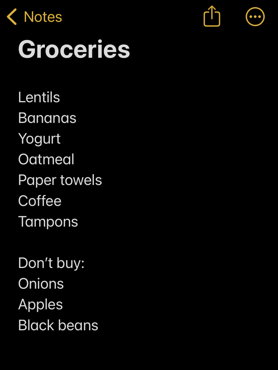 notes app grocery list with a don't buy section