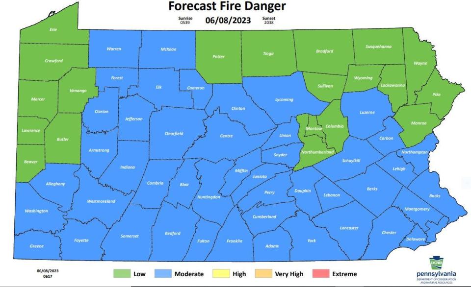 This is the Forecasted Fire Danger map for June 8, 2023, for Pennsylvania, as determined by the PA Department of Conservation & Natural Resources. Wayne, Pike are Monroe Counties were forecasted to improve to the "Low" risk category, from the observed "Moderate" category the day before.