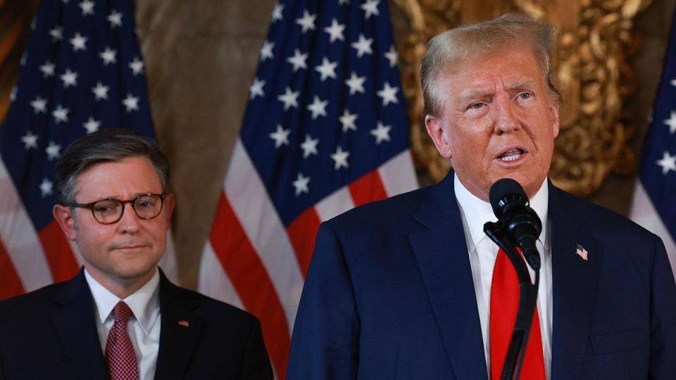 Republican presidential candidate former President Donald Trump and Speaker of the House Mike Johnson (R-LA) held a press conference at Mr. Trump's Mar-a-Lago estate on April 12, 2024, in Palm Beach, Florida. On Friday, Trump said he would be testifying at his upcoming hush money trial in New York City during a press conference at Mar-a-Lago.