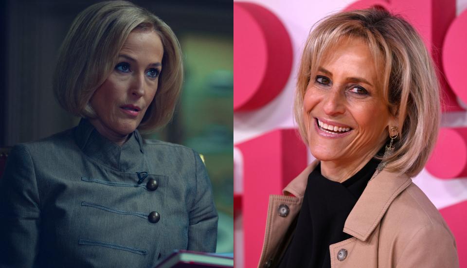 L: Gillian Anderson as Emily Maitlis in the Netflix film "Scoop". Emily Maitlis at a movie premiere in London on February 13, 2023.