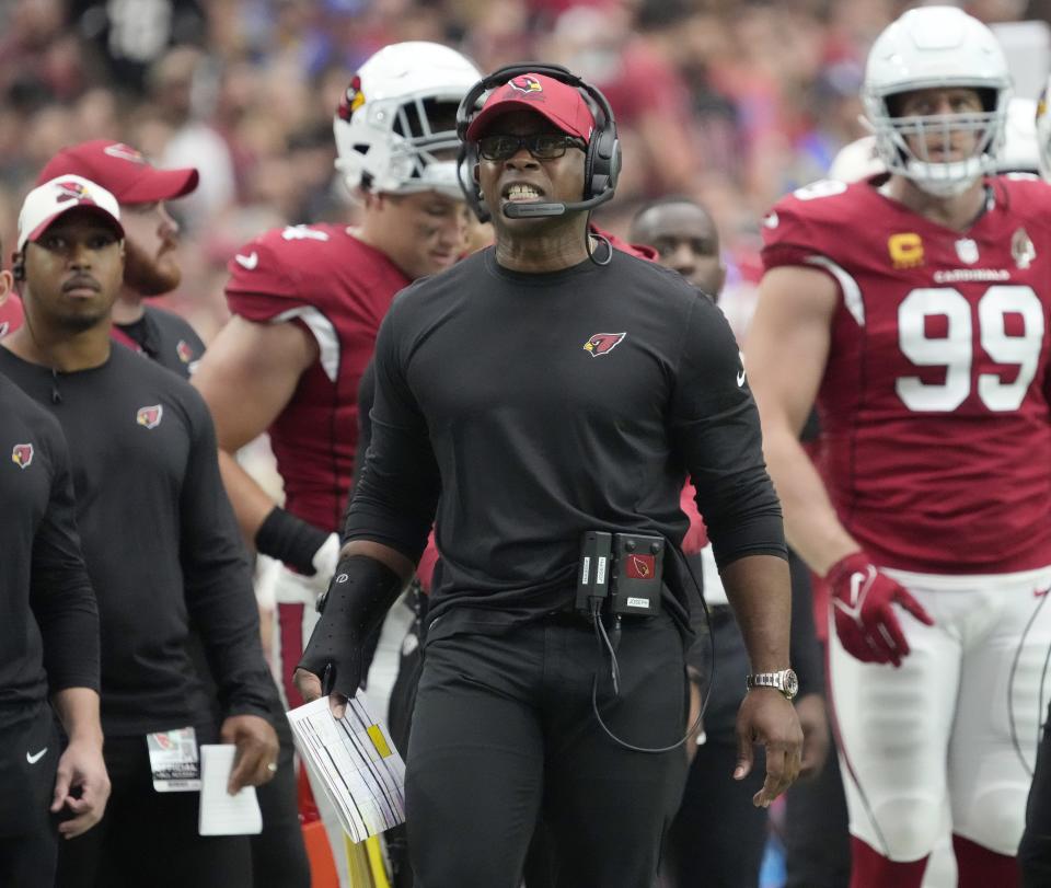 Sep 25, 2022; Glendale, Ariz., U.S.;  Arizona Cardinals defensive coordinator Vance Joseph reacts to a penalty call during the first quarter against the Los Angeles Rams at State Farm Stadium.