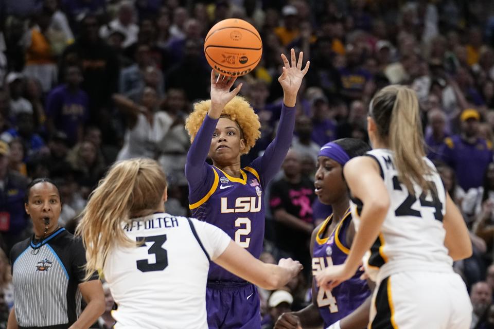 LSU's Jasmine Carson shoots during the first half of the NCAA Women's Final Four championship basketball game against Iowa Sunday, April 2, 2023, in Dallas. (AP Photo/Tony Gutierrez)