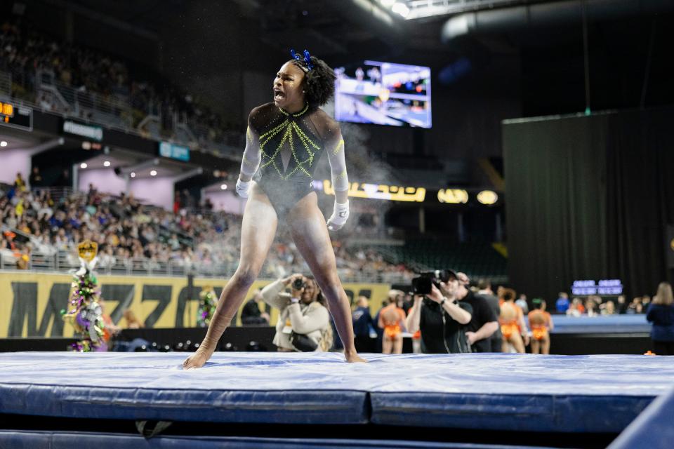 Missouri gymnast Jocelyn Moore reacts during the Mizzou to the Lou event on Feb. 16 in St. Charles, Missouri.