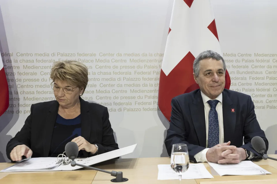 Swiss Federal Councillor Ignazio Cassis, right, and Swiss Federal Councillor Viola Amherd take part in a media conference on the peace conference in Bern, Switzerland,Monday, June 10, 2024. Switzerland’s president says nearly 90 countries and organizations, half from Europe, have confirmed attending the Swiss-hosted Ukraine peace summit on June 15-16 despite Russia’s refusal to participate. Viola Amherd told reporters Monday that the summit will aim to chart a path toward possible peace nearly 28 months after Russian forces invaded Ukraine. (Peter Schneider/Keystone via AP)