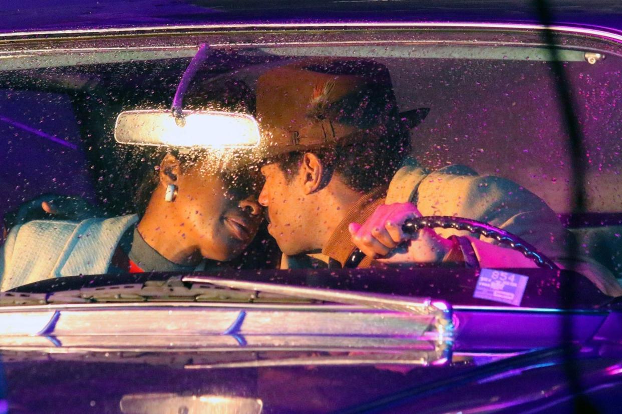 Jennifer Hudson and Marlon Wayans are seen filming a scene in Harlem for the upcoming Aretha Franklin biopic, "RESPECT." The two actors shared a kiss during a scene that takes place in 1966.