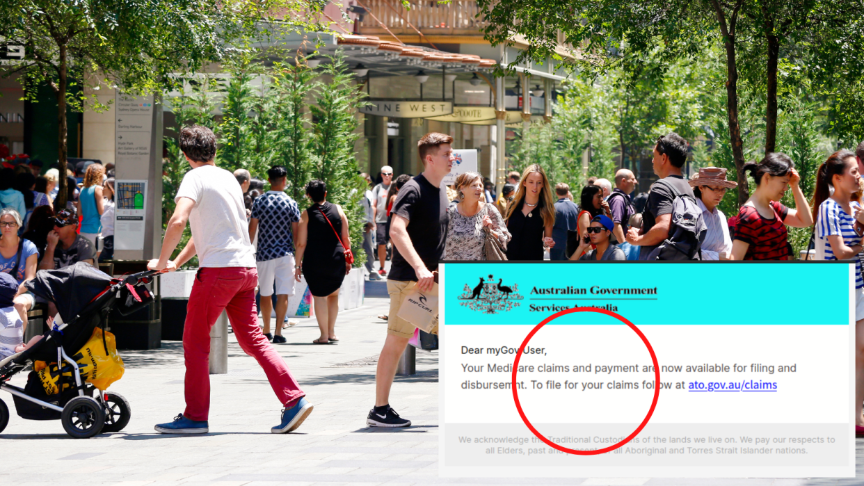 A composite image of people walking on a street in Australia inset with a copy of the myGov scam claiming a person has a Medicare refund.