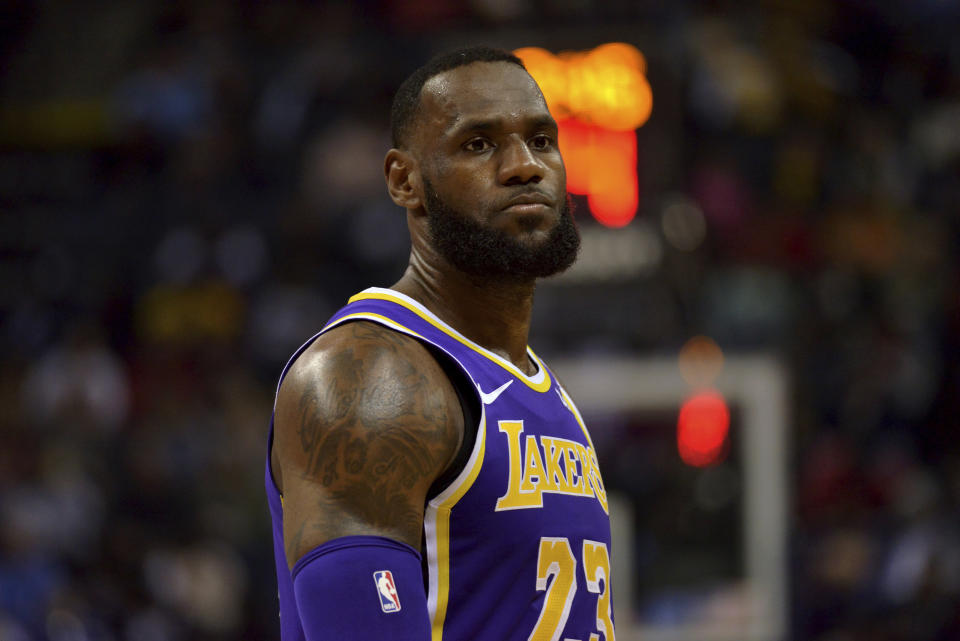 Los Angeles Lakers forward LeBron James (23) stands on the court in the first half of an NBA basketball game against the Memphis Grizzlies Monday, Feb. 25, 2019, in Memphis, Tenn. (AP Photo/Brandon Dill)