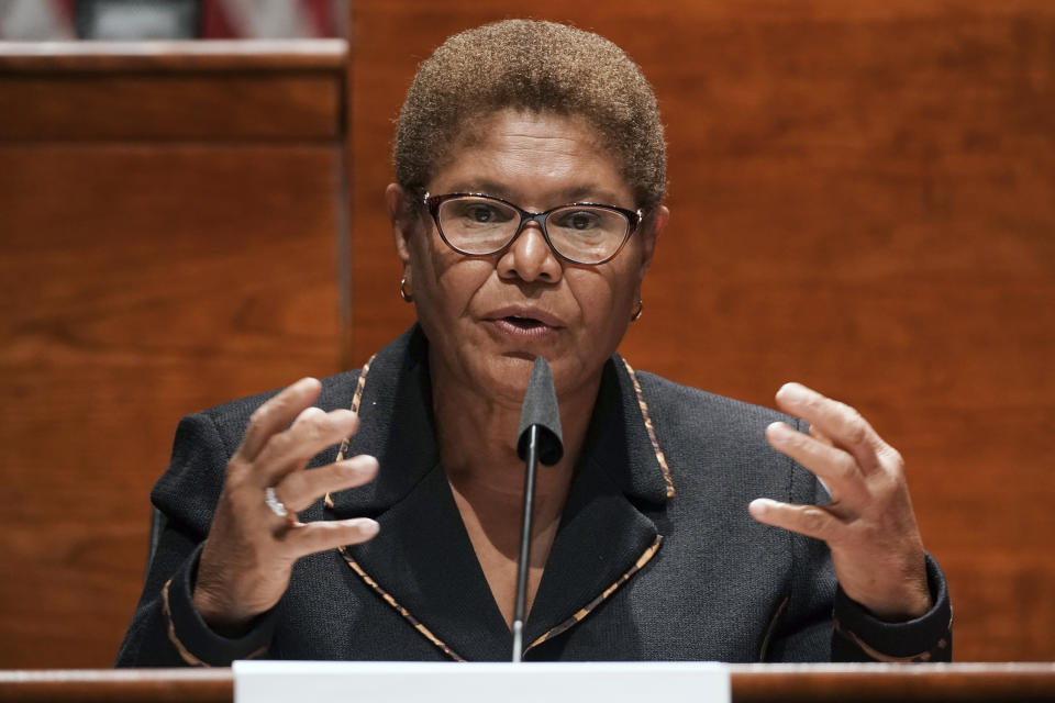 FILE - In this June 17, 2020, file photo, Rep. Karen Bass, D-Calif., speaks on Capitol Hill in Washington. Bass, a prominent figure in national Democratic politics who was on President Joe Biden's shortlist of candidates when he was considering a vice presidential pick, is planning to run for Los Angeles mayor, a person familiar with her plans said Friday, Sept. 24, 2021. (Greg Nash/Pool Photo via AP, File)