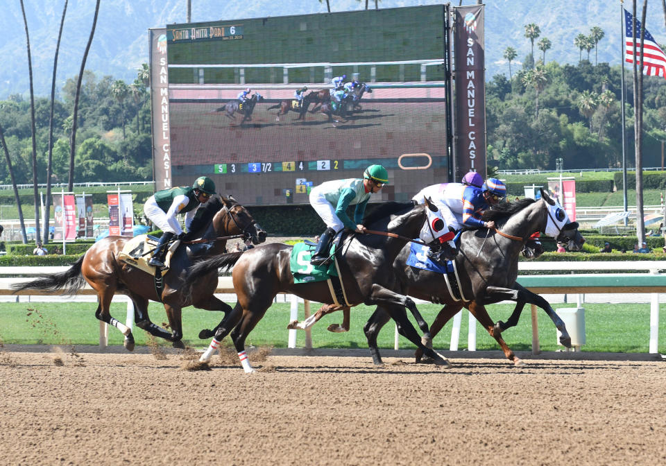 Horses race for the finish line in the Meliar Stakes on the last day of the Winter-Spring Meet at Santa Anita Park in Arcadia in June. (Photo: Icon Sportswire via Getty Images)