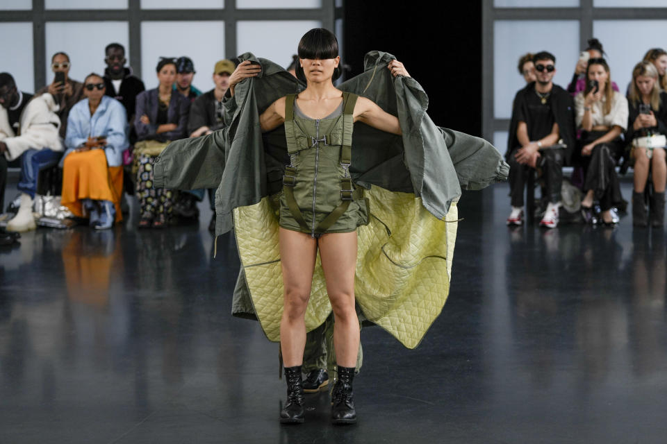 A model wears a creation for the Beautiful People ready-to-wear Spring/Summer 2023 fashion collection presented Sunday, Oct. 2, 2022 in Paris. (AP Photo/Francois Mori)