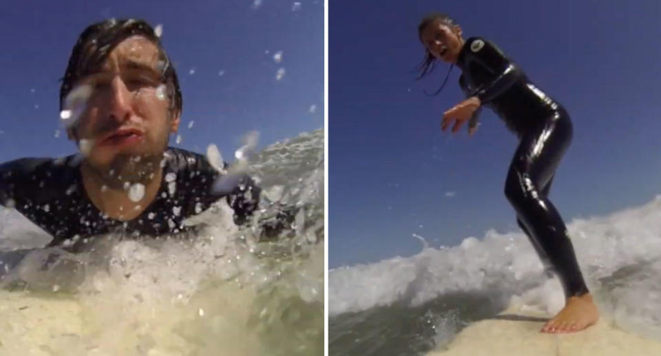 Footage stills showing Jay and Marie surfing at Ocean Grove in Victoria before losing their GoPro. 