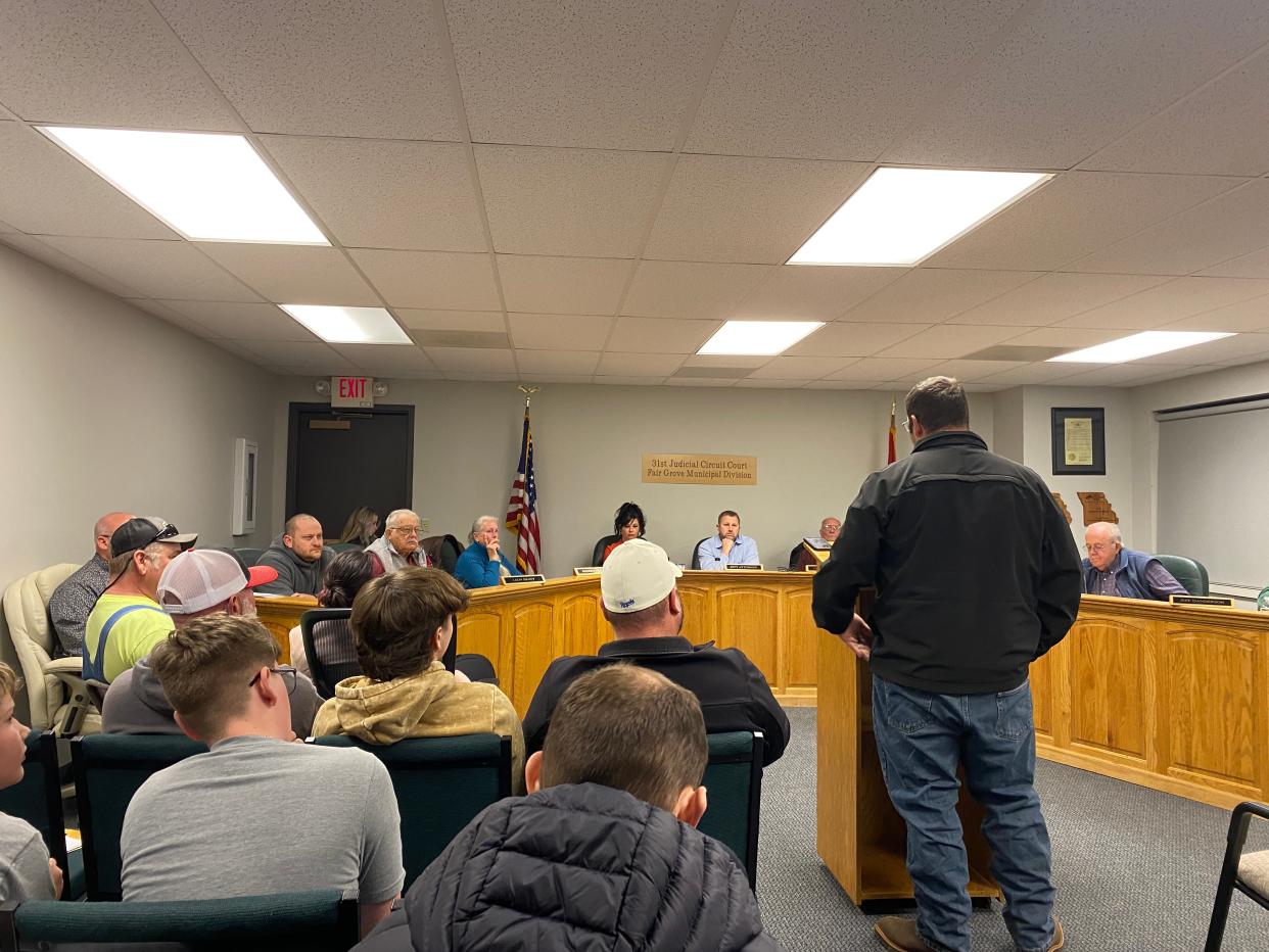 A speaker addresses the Fair Grove Board of Aldermen on Tuesday, Feb. 13, 2024. Many speakers focused on the high turnover the police department has seen in the last three years blaming city leadership.