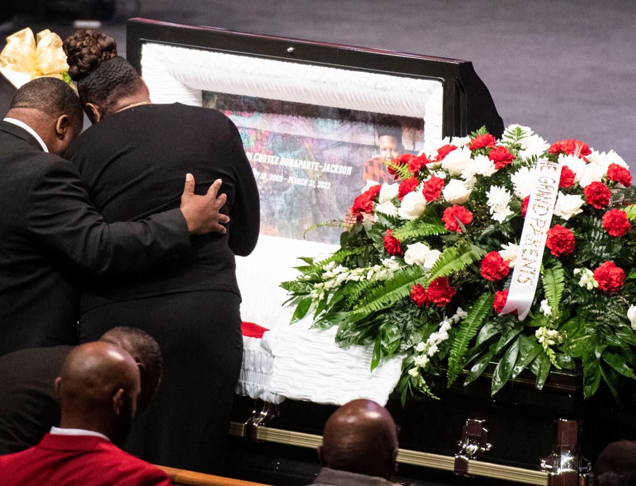 Family and friends attend the funeral service for Jamari Cortez Bonaparte Jackson at Relentless Church in Greenville, Saturday, April 9, 2022.