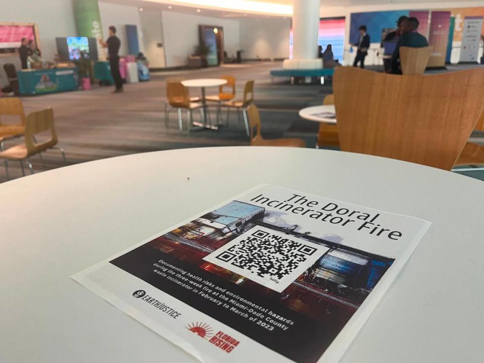 FLyers left on tables at Aspen Ideas: Climate conference by members of Florida Rising, an activist group that disrupted a panel to advocate about the issues with burning trash to reduce climate emissions.