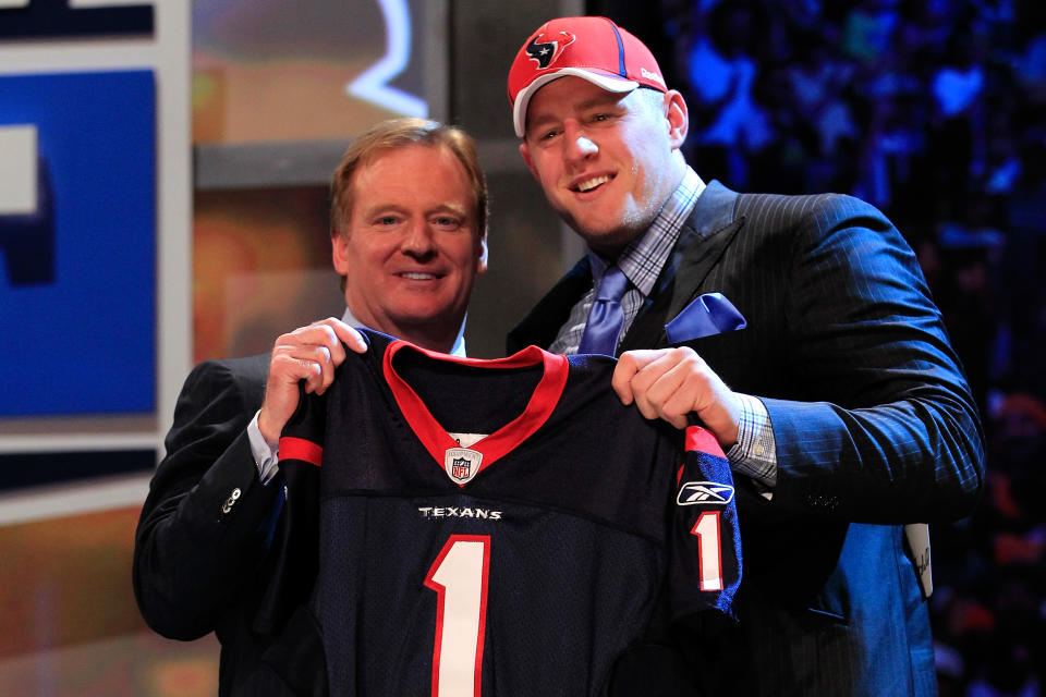 NFL commissioner Roger Goodell and J.J. Watt after the Houston Texans selected Watt with the No. 11 overall pick at the 2011 NFL draft. (Photo by Chris Trotman/Getty Images)