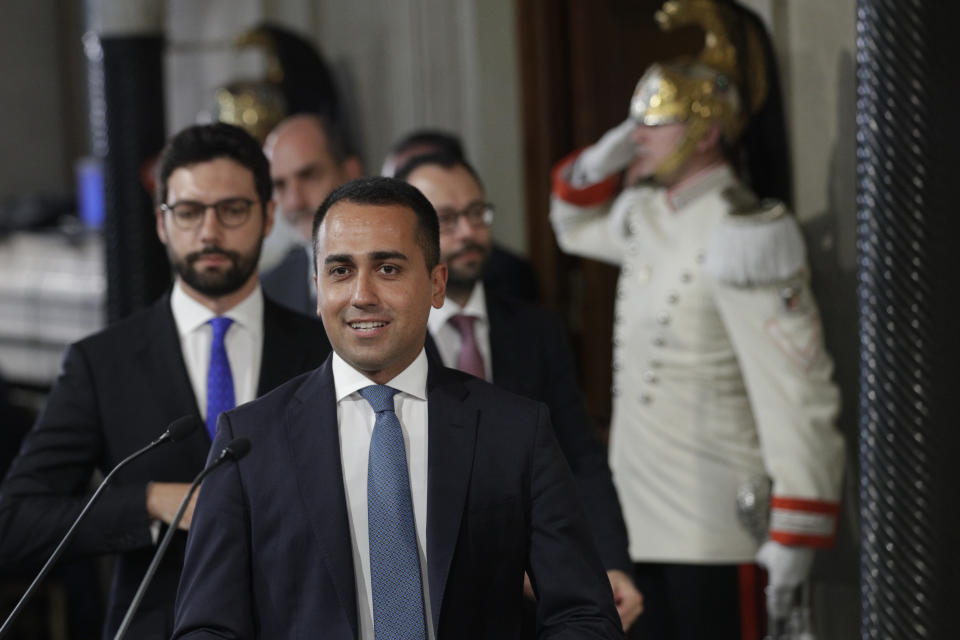 Leader of Five-Star Movement, Luigi Di Maio, leaves after meeting with Italian President Sergio Mattarella at Rome's Quirinale presidential palace, Wednesday, Aug. 28, 2019. Mattarella continued receiving political leaders to explore if a solid majority with staying power exists in Parliament for a new government that could win the required confidence vote. (AP Photo/Andrew Medichini)