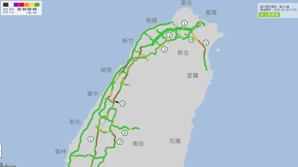 今天大年初二是為春節假期第4天，湧現旅遊和返家車潮，下午5時20分高速公路即時路況顯示國道多個路段北向路況壅塞，。（圖取自高速公路1968即時路況）