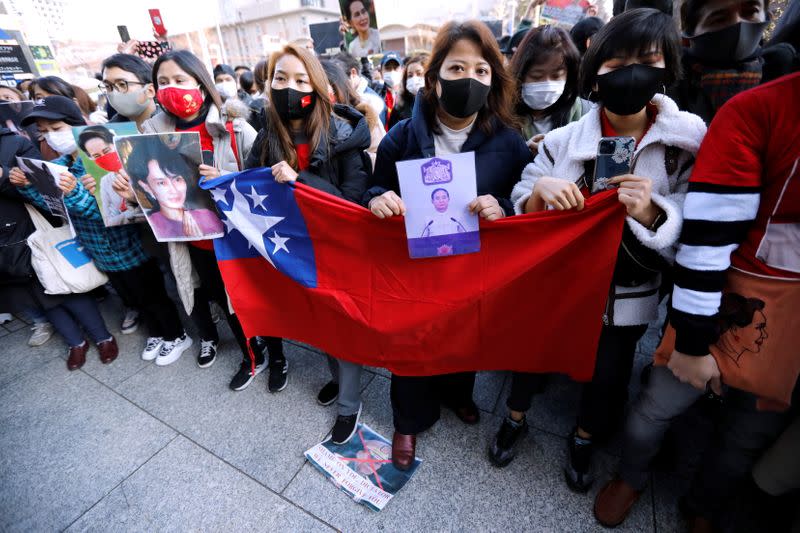 Protest against Myanmar's military after it seized power from democratically elected civilian government at UN University in Tokyo