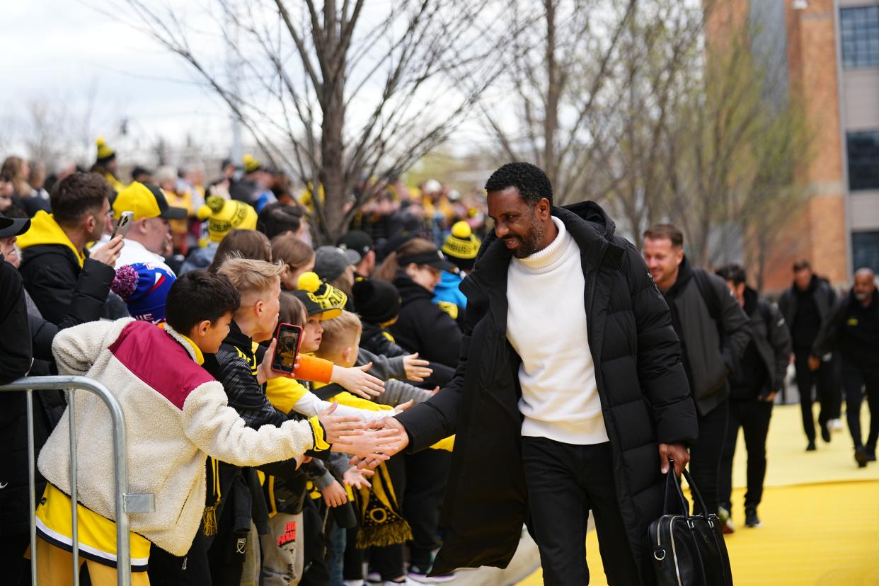 Apr 6, 2024; Columbus, OH, USA; Columbus Crew head coach Wilfried Nancy arrives at Lower.com Field. Mandatory Credit: Adam Cairns-The Columbus Dispatch