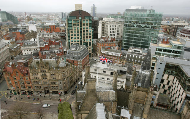 General view of Manchester city centre from the top of Manchester Town Hall.