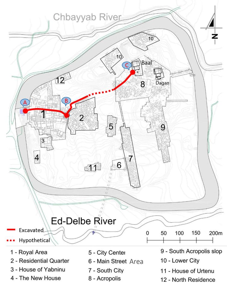 <span class="caption">Figure 2: A map of the city of Ugarit showing the excavated areas and the sacred route between the Royal Palace and the Temple.</span> <span class="attribution"><span class="source">Latakia National Museum, Syria</span></span>