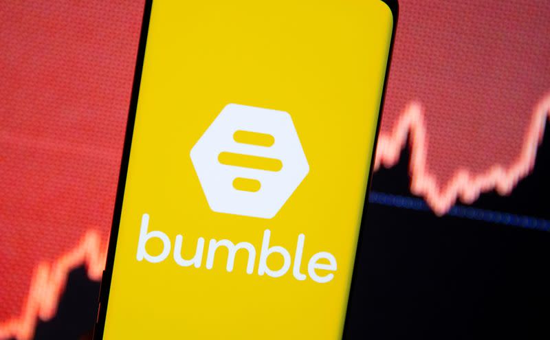 The Bumble logo is seen on a smartphone in front of a stock graph in this illustration