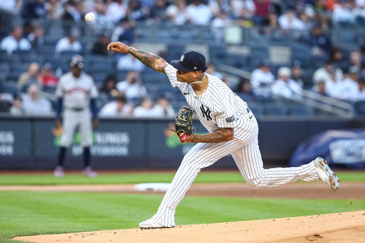May 7, 2024; Bronx, New York, USA; New York Yankees starting pitcher Luis Gil (81) pitches in the first inning against the Houston Astros at Yankee Stadium. Mandatory Credit: Wendell Cruz-USA TODAY Sports