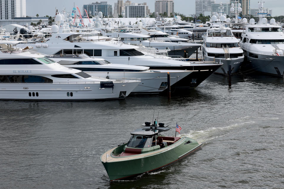 FORT LAUDERDALE, FLORIDA - OCTOBER 25: Boats on display at the 64th Fort Lauderdale International Boat Show on October 25, 2023 in Fort Lauderdale, Florida. The boat show, starts today and runs for five days, will exhibit more than 1,300 boats from small vessels to large, expensive yachts. (Photo by Joe Raedle/Getty Images)