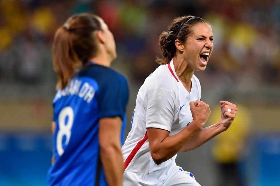 <p>Carli Lloyd of United States celebrates after scoring during the Women’s Group G first round match between United States and France during Day 1 of the Rio 2016 Olympic Games at Mineirao Stadium on August 6, 2016 in Belo Horizonte, Brazil. (Photo by Pedro Vilela/Getty Images) </p>