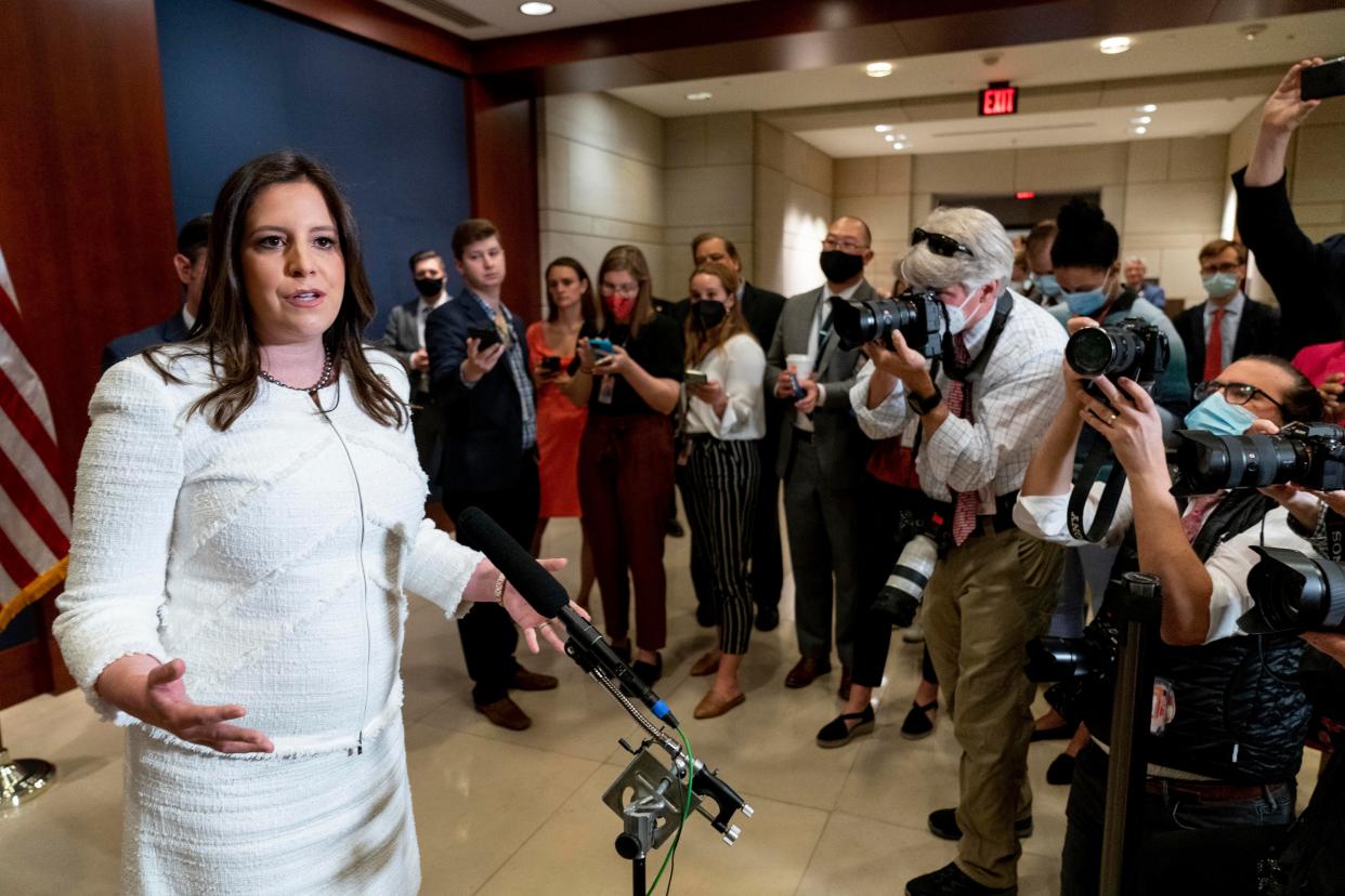 Newly-elected House Republican Conference Chair Rep. Elise Stefanik (R-N.Y.) speaks to members of the media at the Capitol after her confirmation vote.