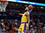 Nov 18, 2018; Miami, FL, USA; Los Angeles Lakers forward LeBron James (23) dunks against the Miami Heat during the first half at American Airlines Arena. Mandatory Credit: Steve Mitchell-USA TODAY Sports