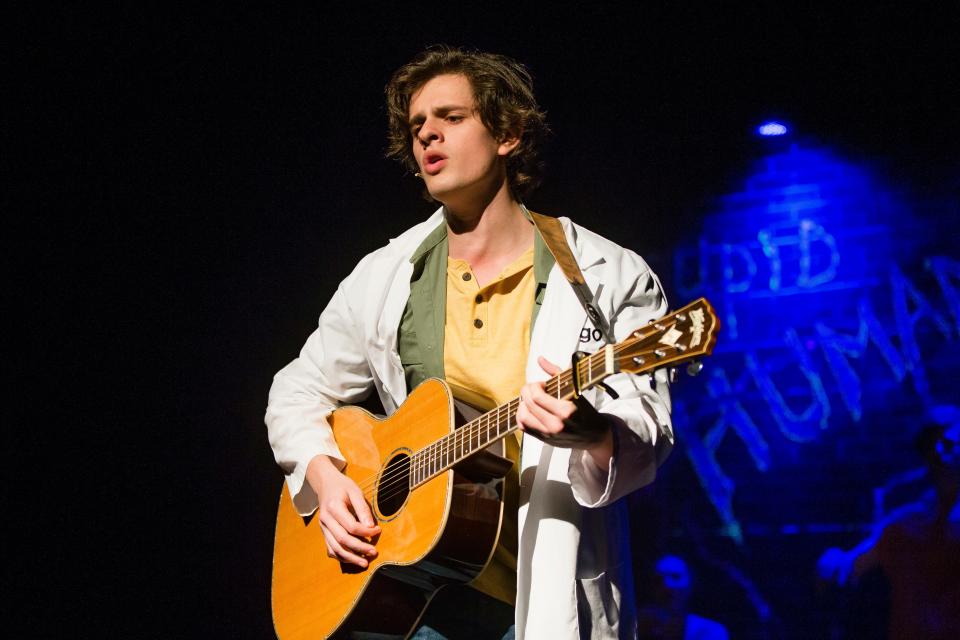 Jorge “Jay” Rivera-Herrans, as Indigo, acts out a scene during a dress rehearsal for "Stupid Humans" on Monday, Feb. 18, 2019, at the University of Notre Dame's DeBartolo Performing Arts Center.