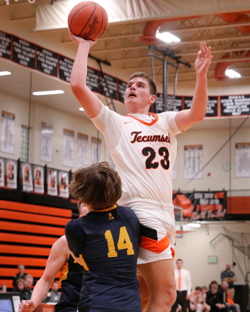 Tecumseh's Ryder Zajac goes up for a shot during Tuesday's game against Carleton Airport.