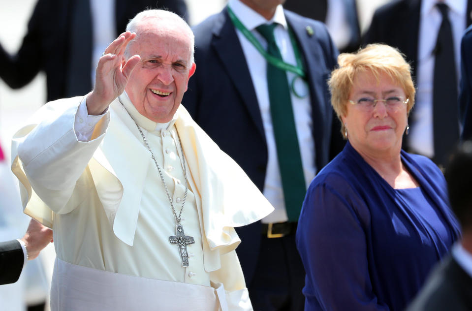 Chilean President Michelle Bachelet and Pope Francis arriving at the Diego Aracena airport, in Iquique (REX/Shutterstock)