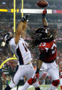 ATLANTA, GA - SEPTEMBER 17: Cornerback Dunta Robinson #23 of the Atlanta Falcons breaks up a pass intended for wide receiver Brandon Stokley #14 of the Denver Broncos in the end zone during a game at the Georgia Dome on September 17, 2012 in Atlanta, Georgia. (Photo by Kevin C. Cox/Getty Images)