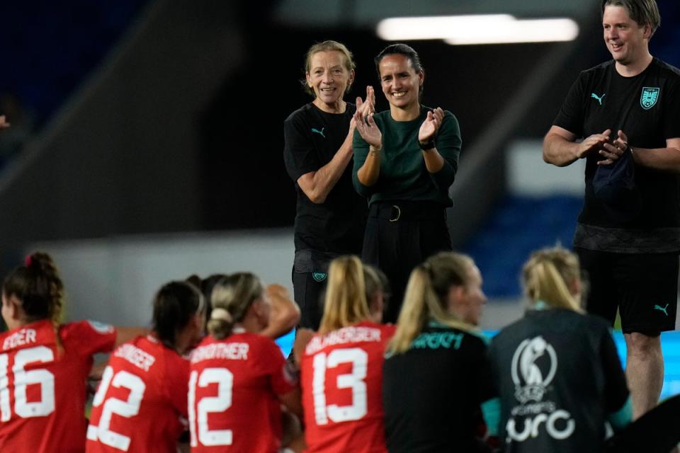 Austria’s manager Irene Fuhrmann (centre) leads her country into a quarter-final clash with Germany (Alessandra Tarantino/AP) (AP)