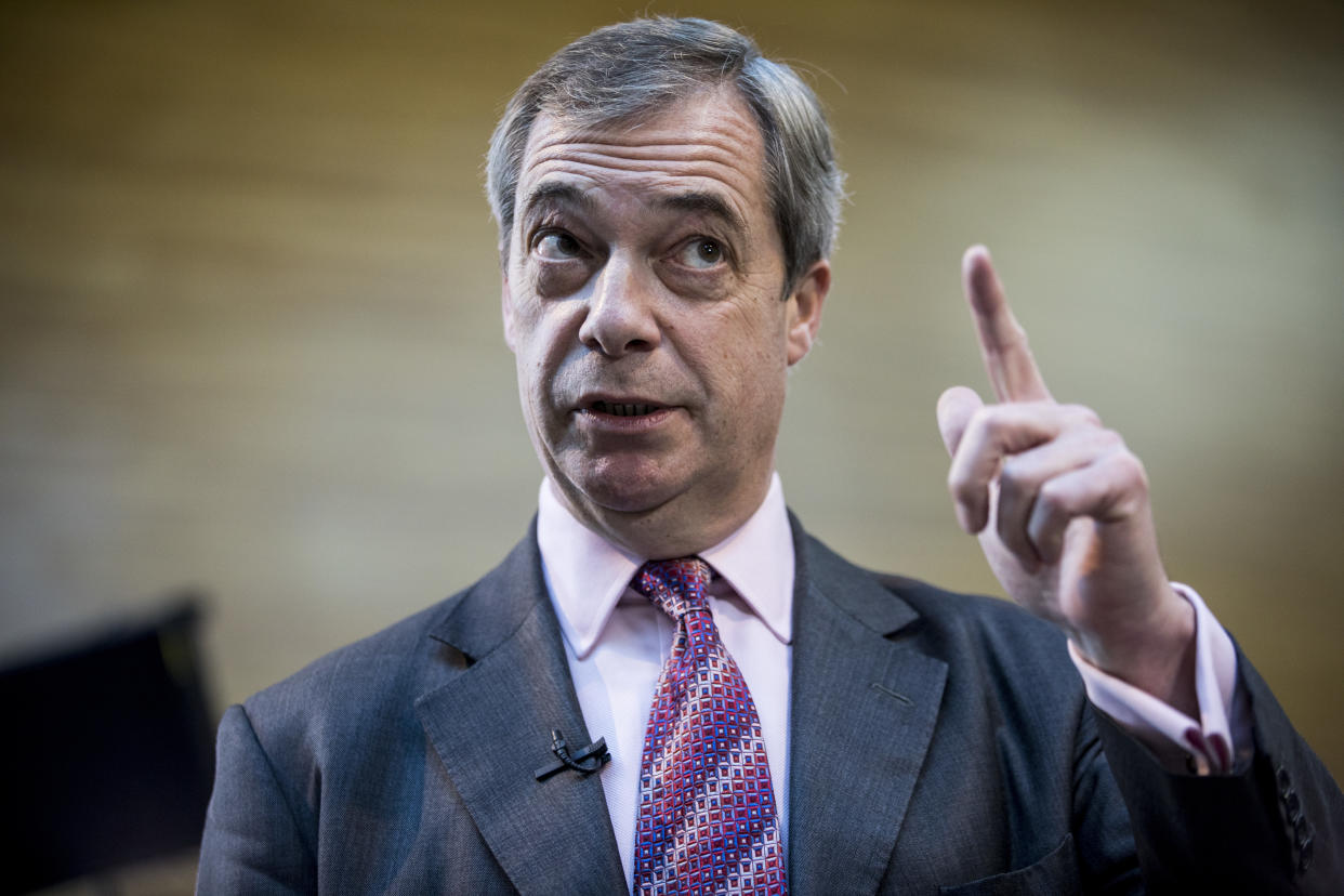 Nigel Farage, the leader of the Brexit Party, answers reporters at the European parliament Wednesday, Jan.15, 2020 in Strasbourg, eastern France. Nigel Farage, the self-declared ''pantomime villain'' of Brexit, is leaving his favorite theater -- the European Union's parliament in Strasbourg -- this week with a sense of mission accomplished. (Photo by Elyxandro Cegarra/NurPhoto via Getty Images)