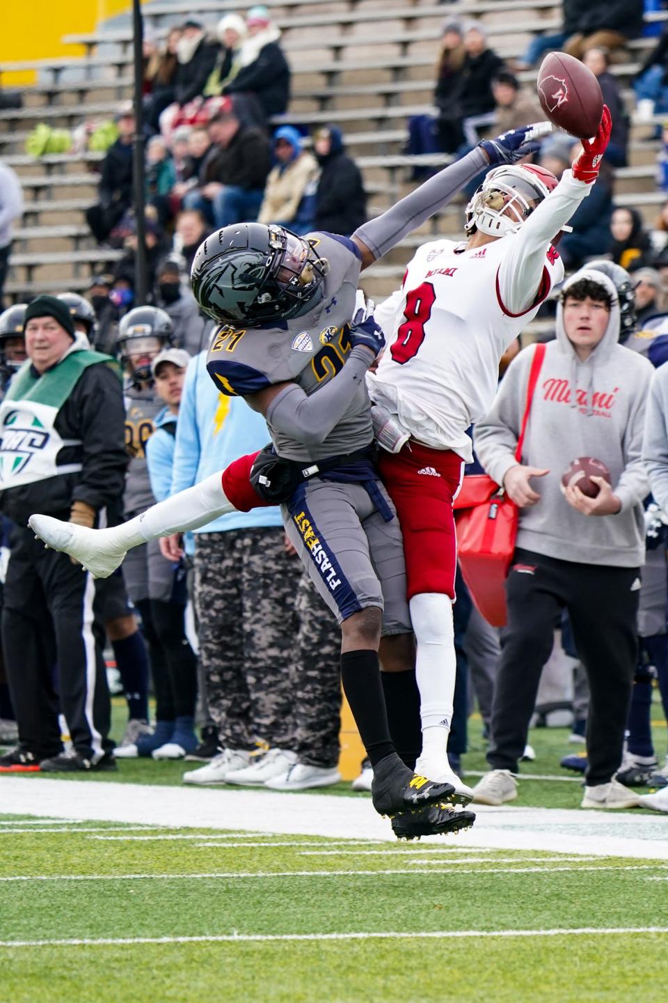 Kent State's Montre Miller breaks up a pass intended for Miami's Mac Hippenhammer on Saturday, November 27, 2021 at Dix Stadium.