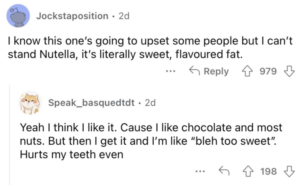 Reddit screenshot from someone who finds Nutella to be gross.