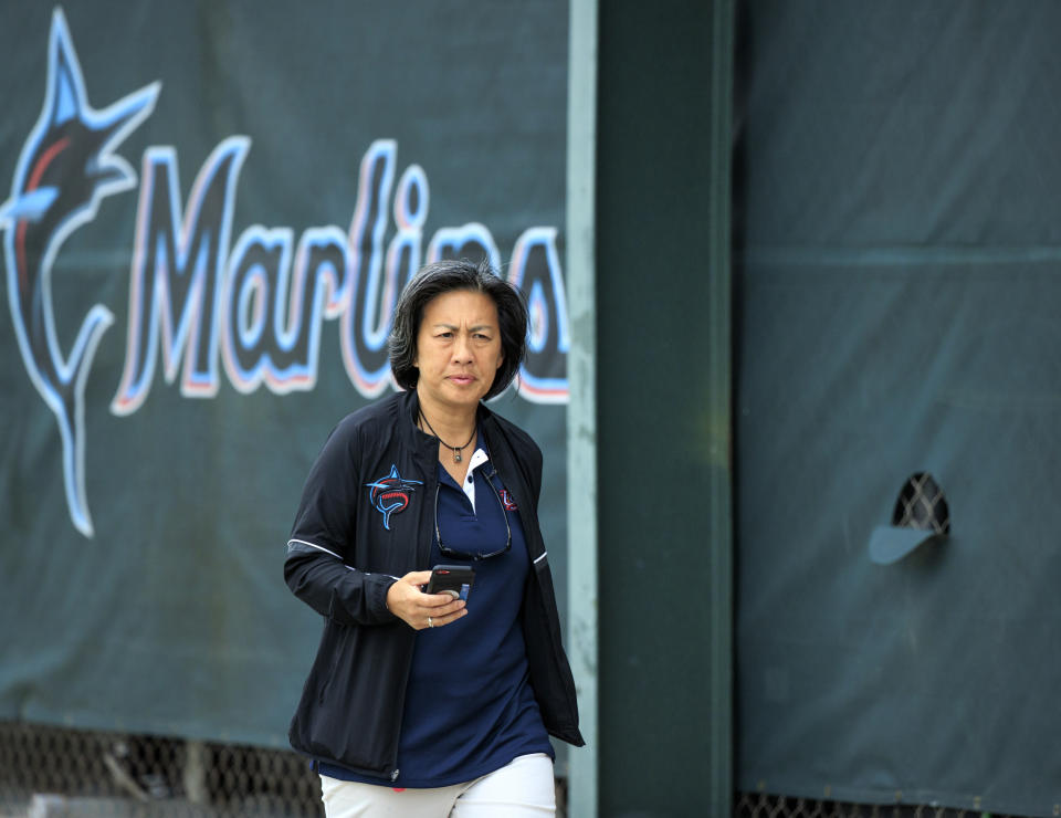 FILE - Miami Marlins General Manager Kim Ng looks on during the team's spring training baseball workout at Roger Dean Stadium on Tuesday, March 15, 2022 in Jupiter, Fla. Kim Ng is leaving the Miami Marlins after three seasons as their general manager, Marlins chairman and principal owner Bruce Sherman said Monday, Oct. 16, 2023. (David Santiago/Miami Herald via AP, File)