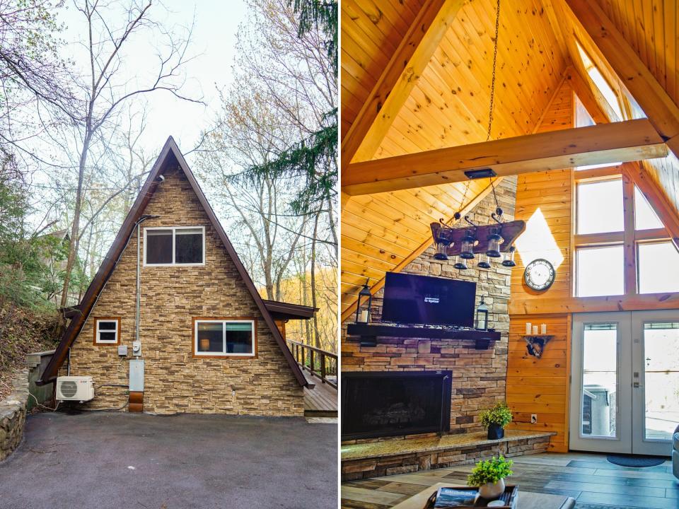 Side by side of interior and exterior, Joey Hadden, " I spent 2 nights in a cozy A-frame cabin for the first time while visiting the Great Smoky Mountains"