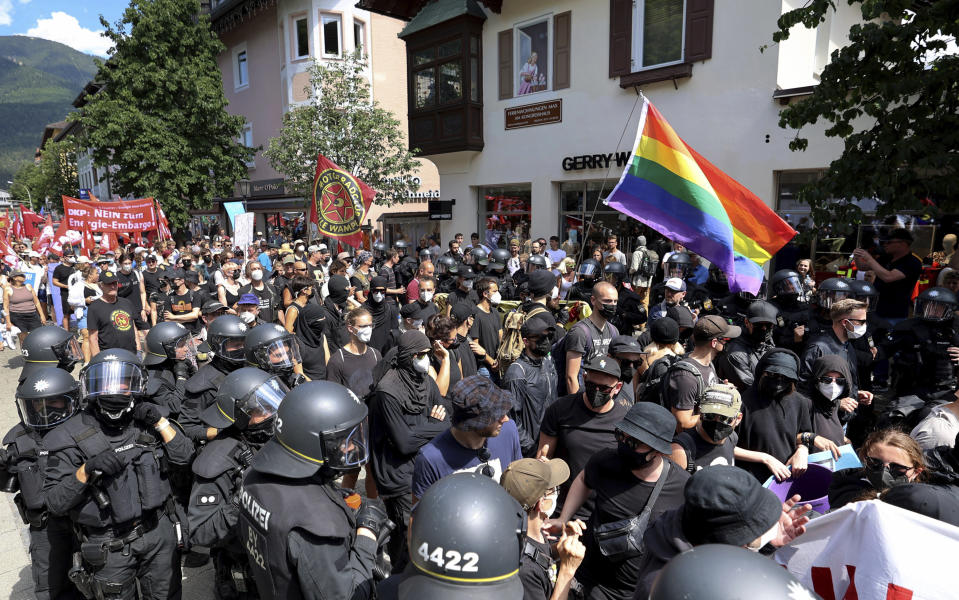 G7 protesters are pictured during a demonstration in Garmisch-Partenkirchen, Germany, on Sunday, June 26, 2022. The Group of Seven leading economic powers are meeting in Germany for their annual gathering Sunday through Tuesday. (AP Photo/Alexandra Beier)