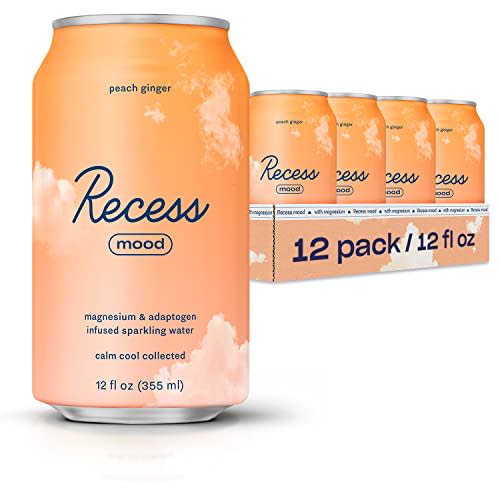 Recess Mood Magnesium Supplement Drink Calming Beverage, 12 Ounce, Pack of 12 (Peach Ginger, 12 Pack)