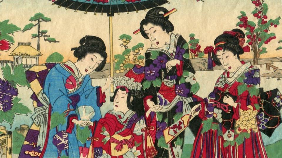 Dibujo de 1800 que muestra mujeres vestidas con kimono.
