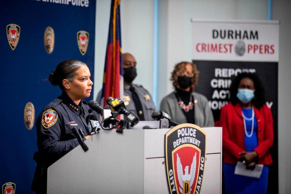 Durham Police Chief Patrice Andrews listens to a question during a press conference on Monday, Dec. 13, 2021, about a shooting that occurred on Mathison Street in Durham, N.C., that killed two young people and injured four others.